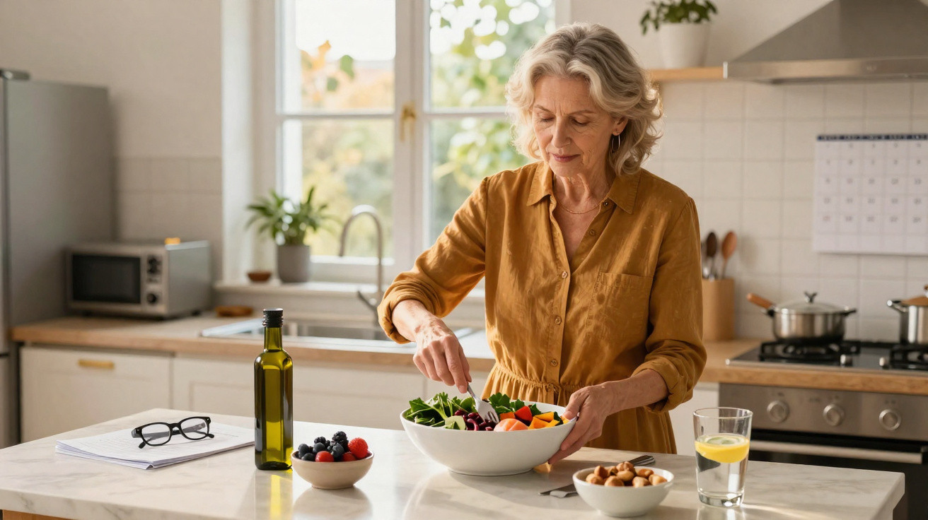 Mulher sénior prepara salada numa cozinha moderna com luz natural e frutas na bancada.