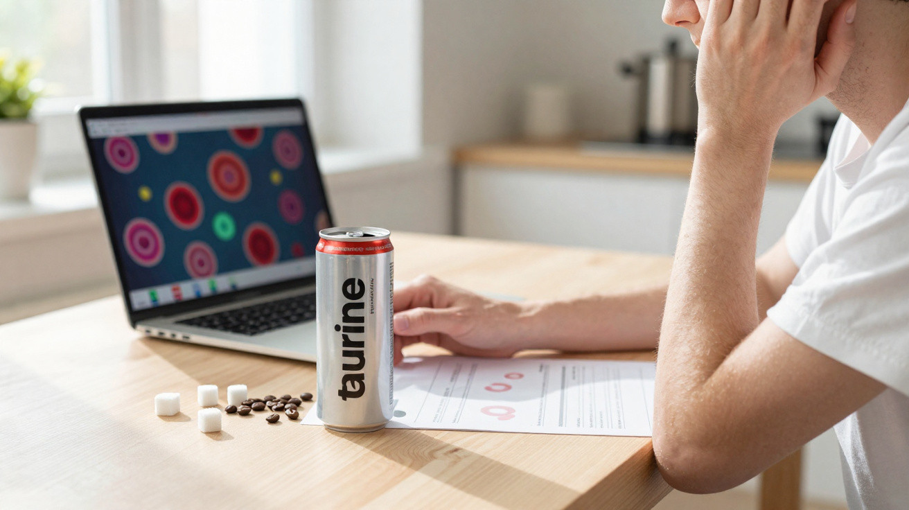 Pessoa a trabalhar num computador portátil numa mesa com uma lata de bebida energética Taurine, cubos de açúcar e grãos de ca