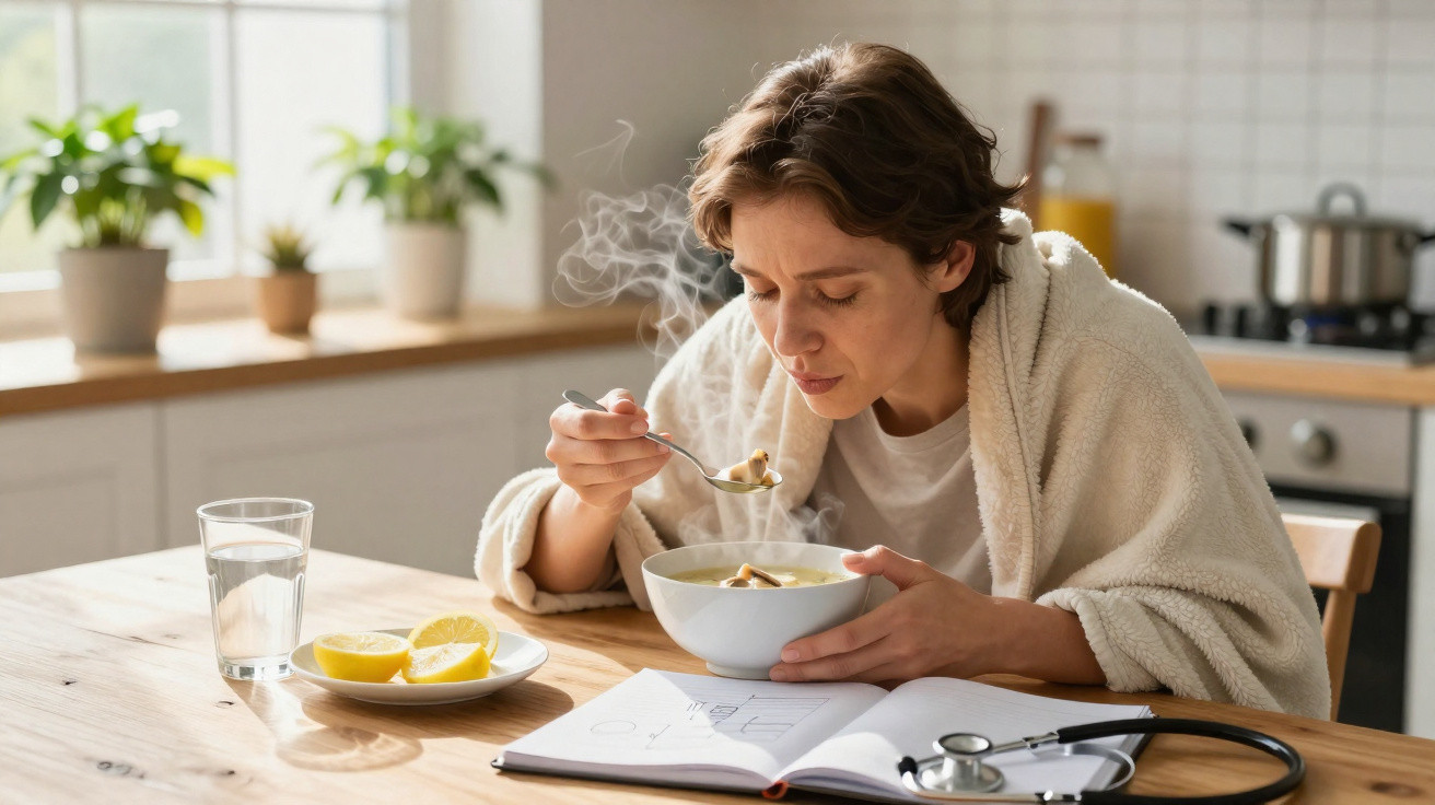 Pessoa a comer sopa quente na cozinha com caderno e estetoscópio na mesa, ao lado de limão e copo de água.