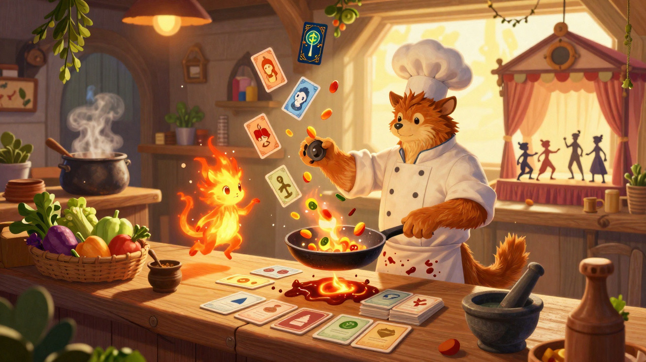 Um cão vestido de chefe de cozinha prepara comida mágica numa cozinha acolhedora com cartas e um fogo vivo.