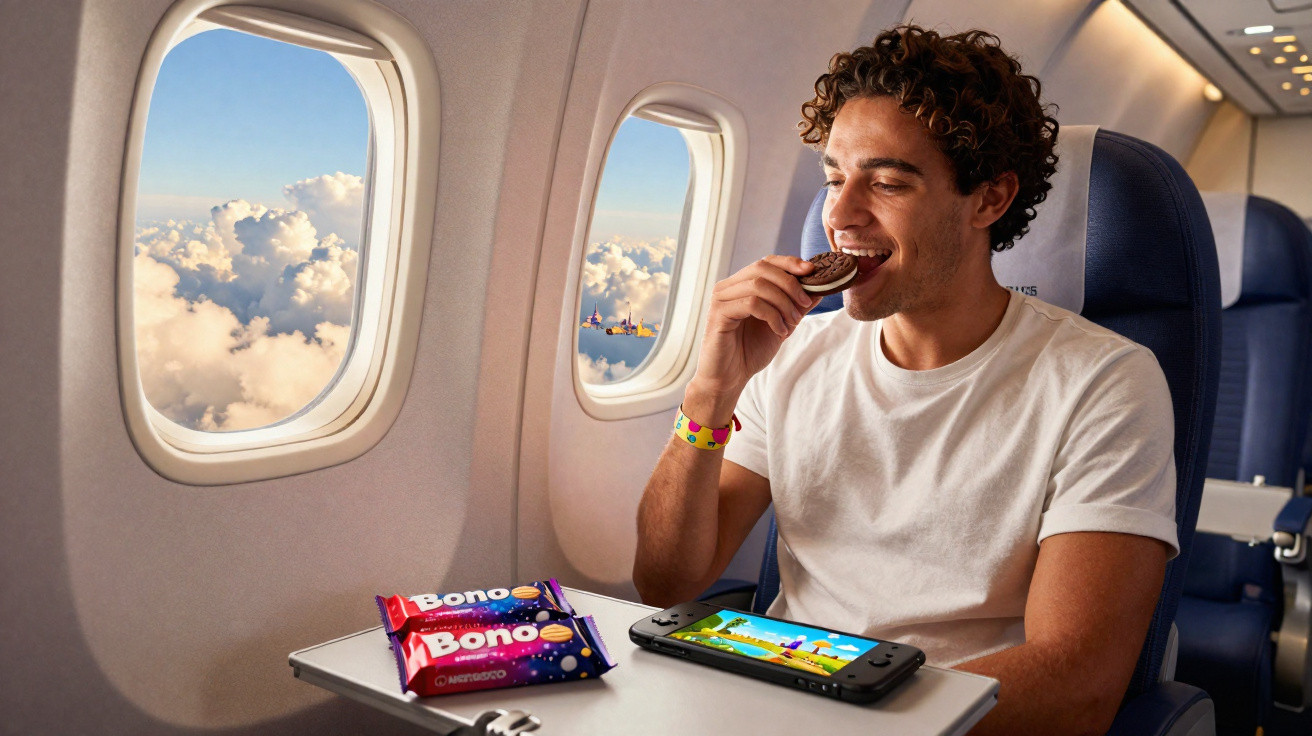 Homem sentado num avião a comer um biscoito, com consola de jogos e snacks na mesa à sua frente.