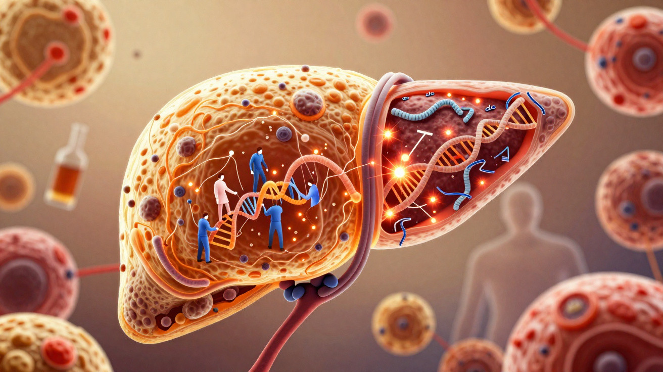 Ilustração científica de um fígado com DNA e pequenas figuras humanas manipulando a molécula genómica.