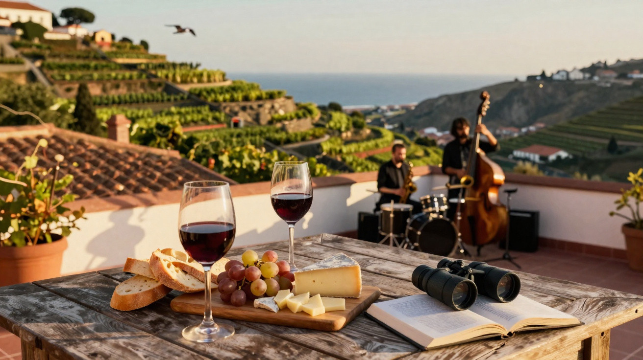 Mesa com vinho, queijo e pão em varanda com vista para vinhas e músicos ao fundo ao pôr do sol.