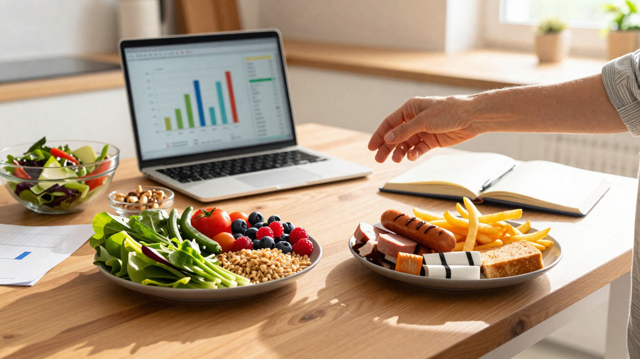 Mesa com pratos de comida saudável e fast food ao lado de portátil e caderno com gráficos.