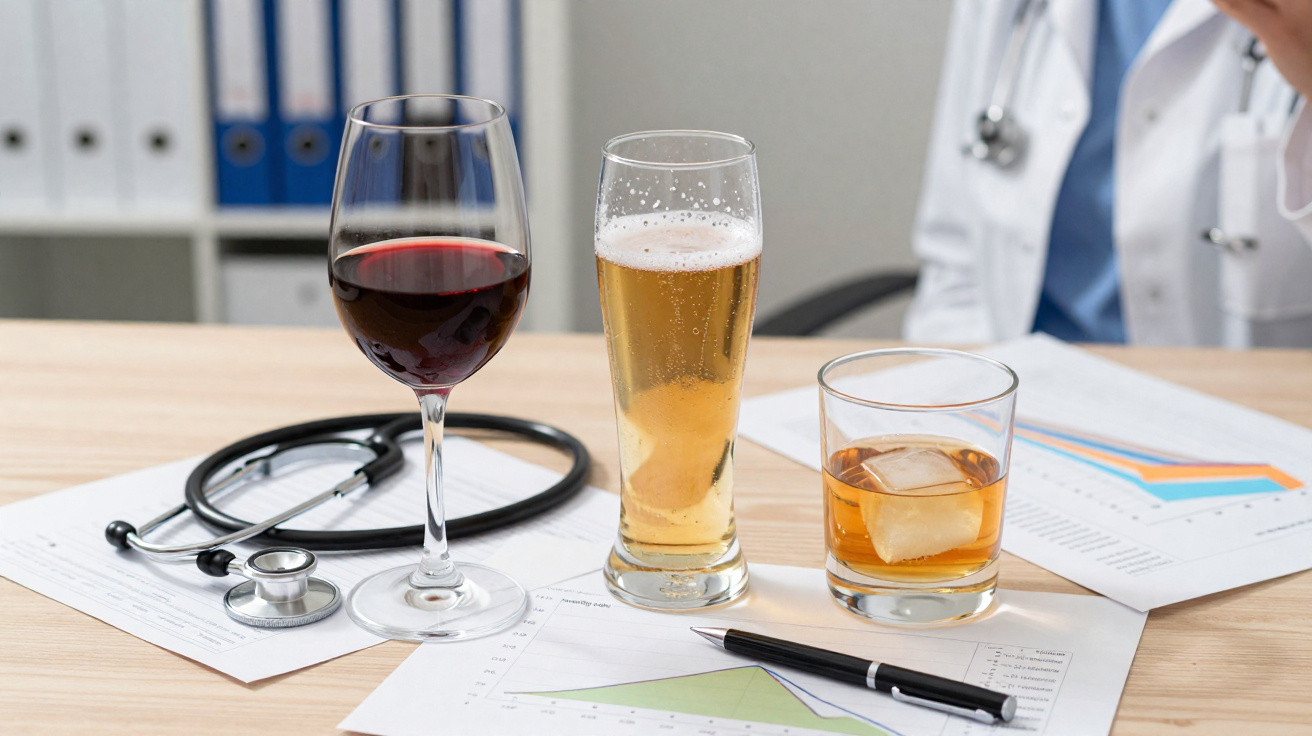 Três copos com vinho tinto, cerveja e whisky sobre documentos e um estetoscópio numa mesa com médico ao fundo.