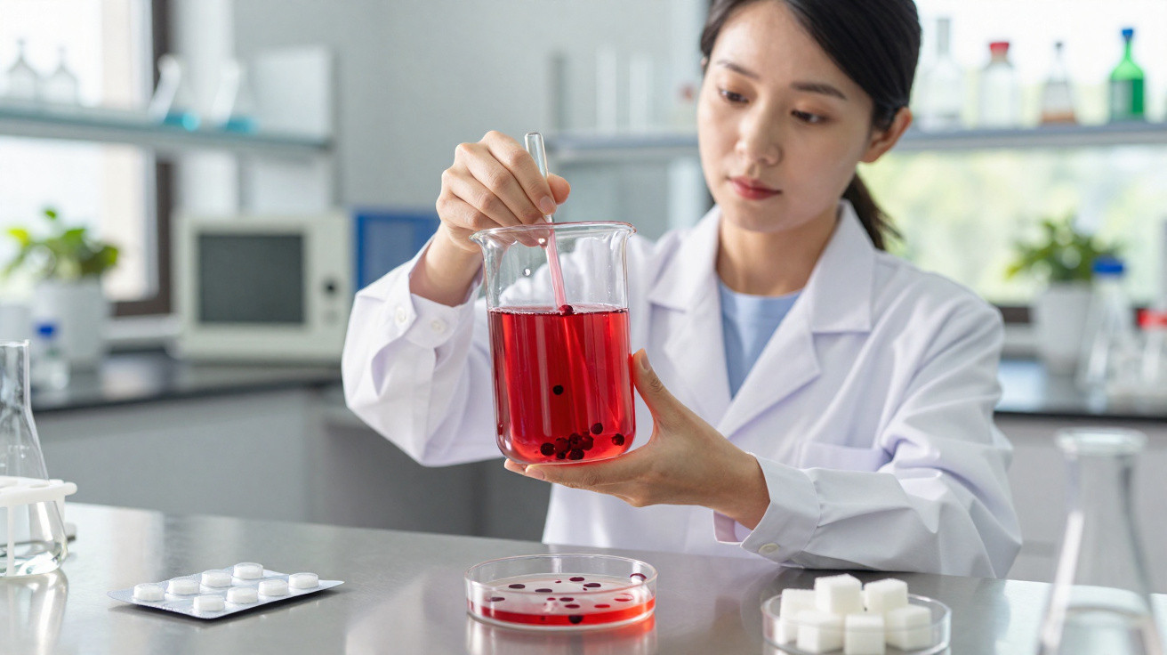 Mulher cientista a mexer líquido vermelho num béquer num laboratório moderno.