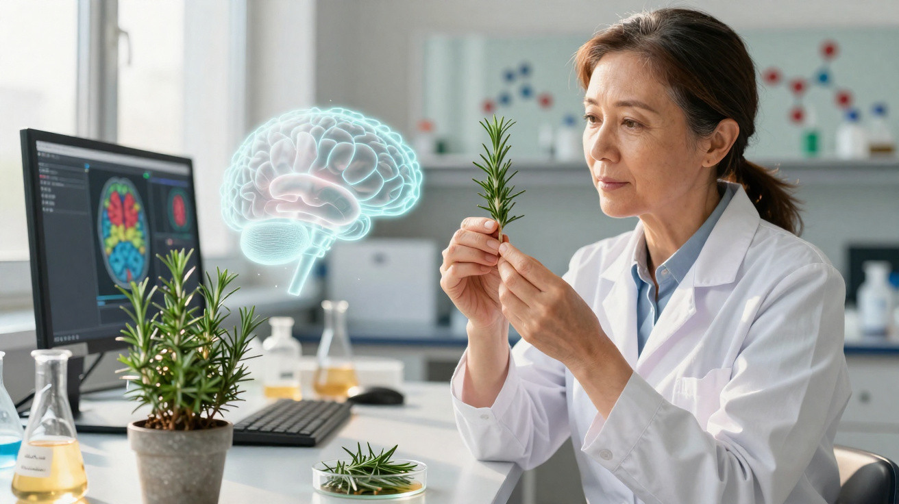 Cientista a analisar planta com cérebro holográfico e imagens cerebrais no ecrã do computador.