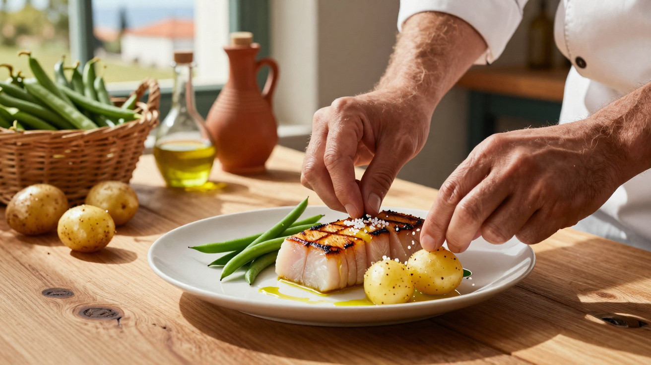 Chef a temperar prato com peixe grelhado, batatas pequenas e feijão-verde numa cozinha luminosa.