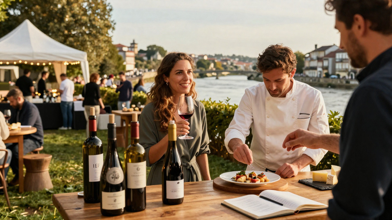 Evento ao ar livre com pessoas a degustar vinho e petiscos junto a um rio numa tarde ensolarada.