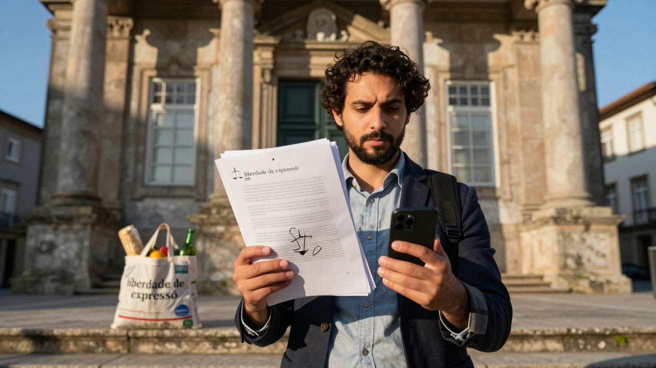 Homem de barba a ler documento sobre liberdade de expressão enquanto usa telemóvel à frente de edifício histórico.