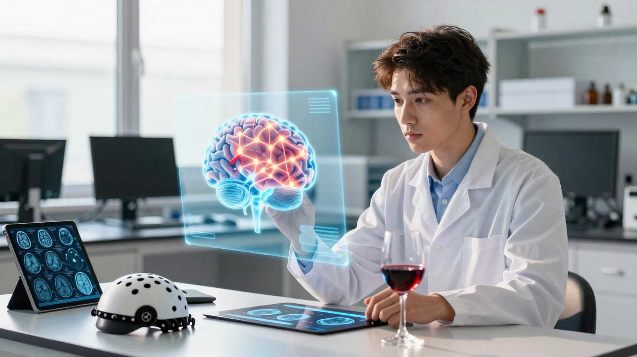 Cientista analisa imagem holográfica do cérebro enquanto está num laboratório moderno.