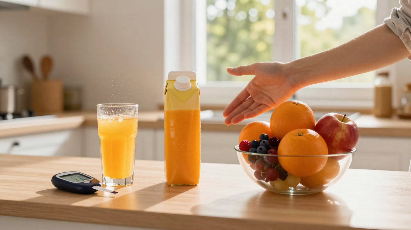 Mão junto a taça com frutas, sumo de laranja num copo e caixa, e medidor de glicose numa mesa de cozinha.