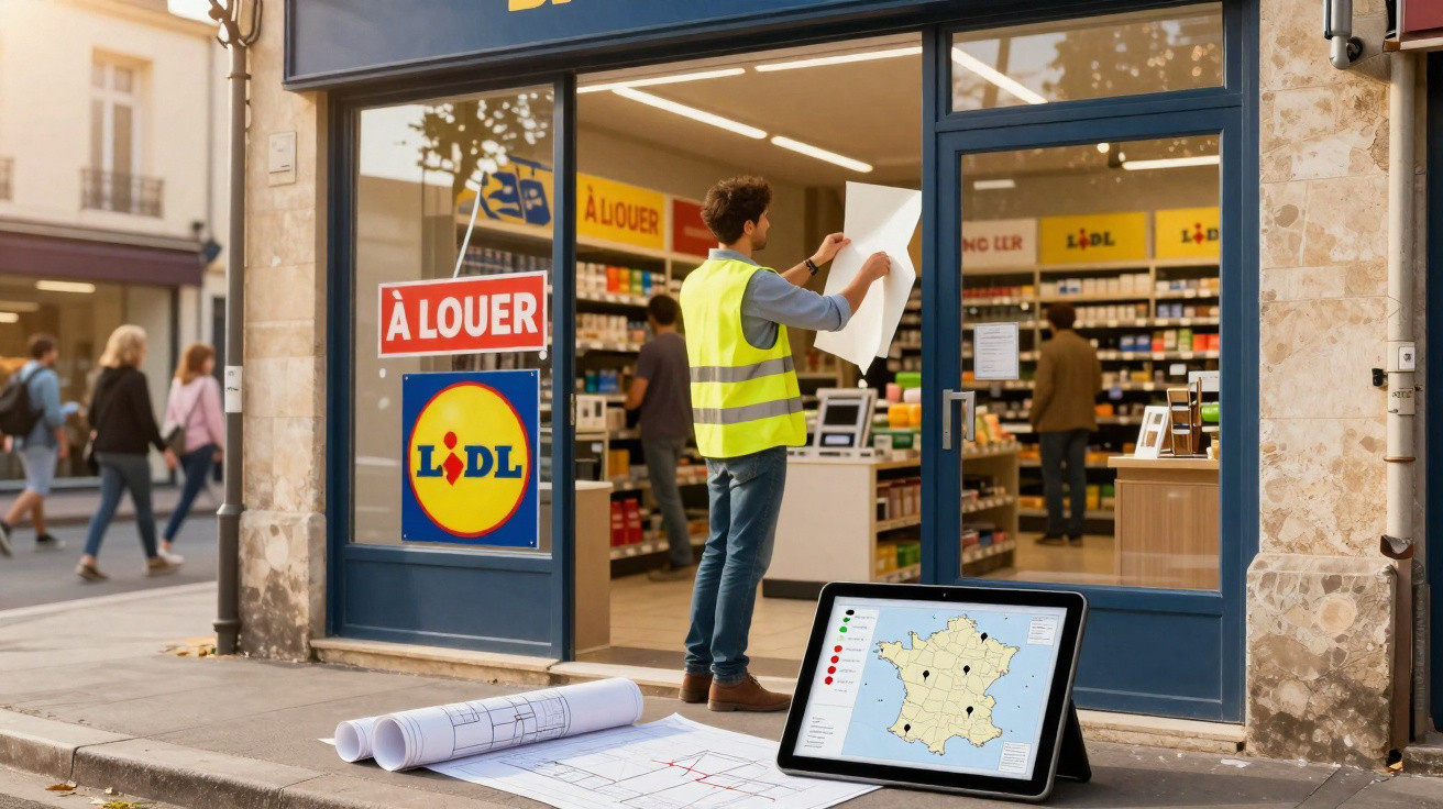 Homem com colete refletor a trabalhar na fachada de loja Lidl com placas à louer e mapas numa rua.