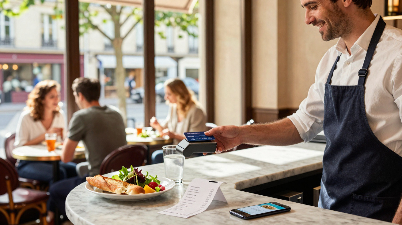 Garçom a receber pagamento por cartão contactless numa esplanada com clientes ao fundo.