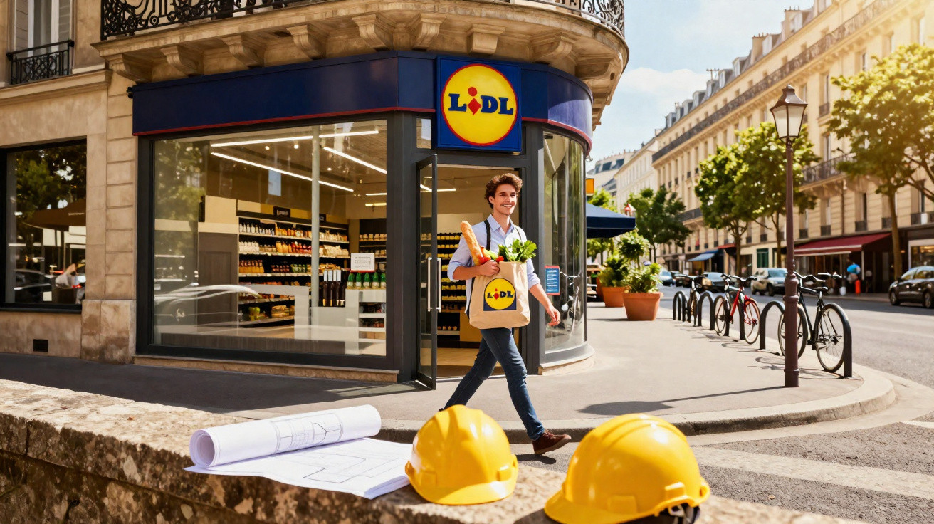 Homem jovem sai de loja Lidl com saco de compras num dia ensolarado numa rua urbana.