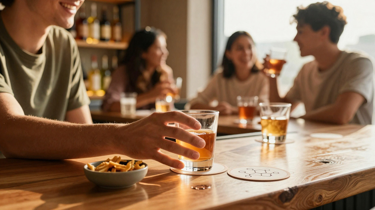 Grupo de amigos a conversar e beber num bar com petiscos numa mesa de madeira.