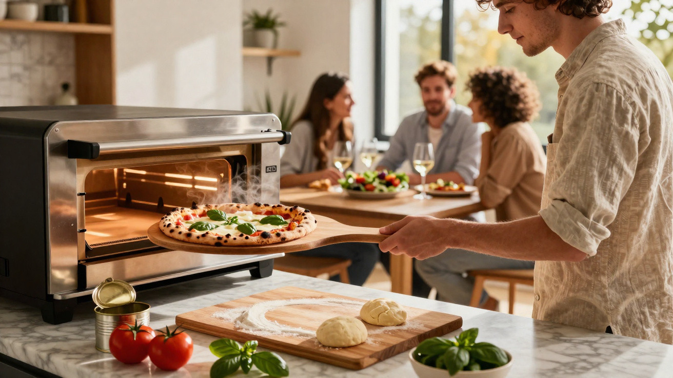 Pessoa a tirar pizza acabada de fazer do forno, com grupo de amigos a conversar à mesa ao fundo.