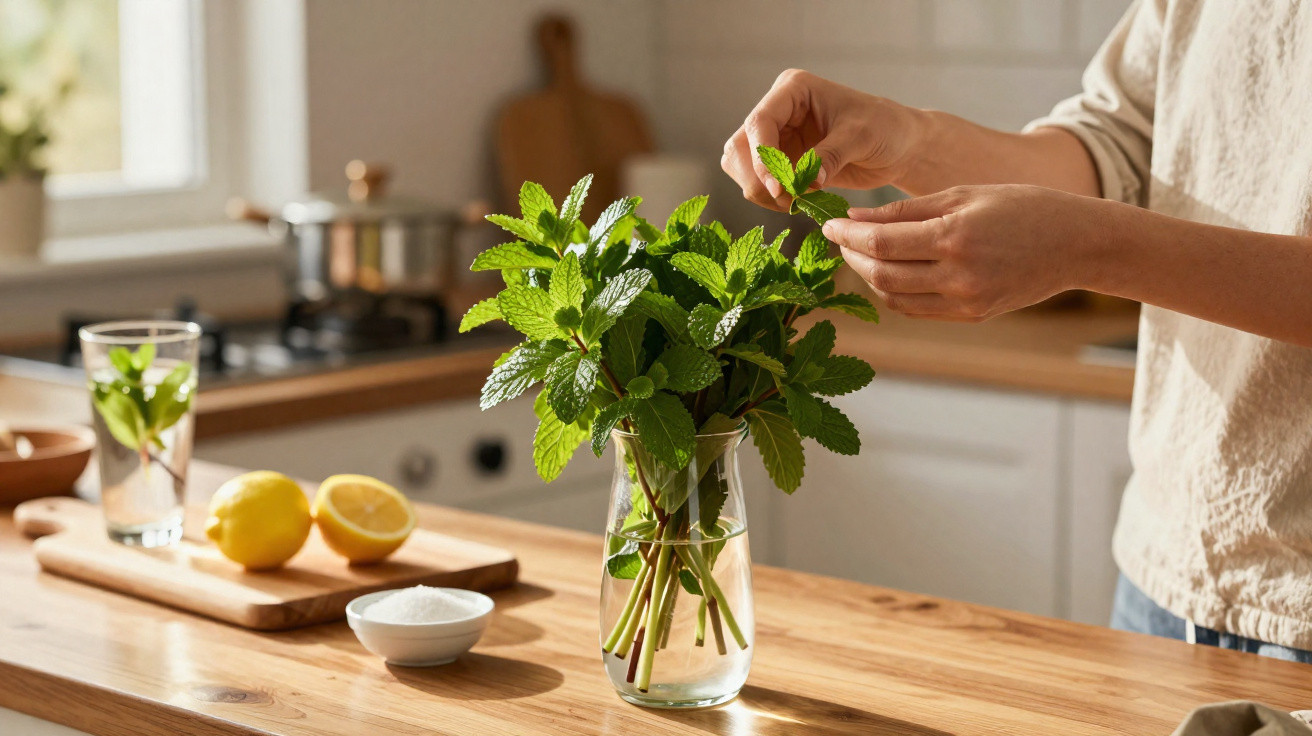 Pessoa a apanhar folhas de menta num jarro numa cozinha com limões e sal numa tábua.