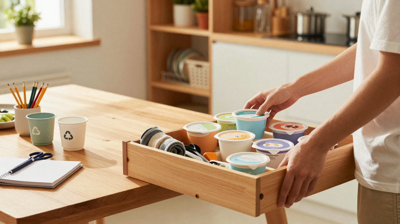 Pessoa a organizar legumes e comida em recipientes, numa cozinha com mesa de madeira e luz natural.