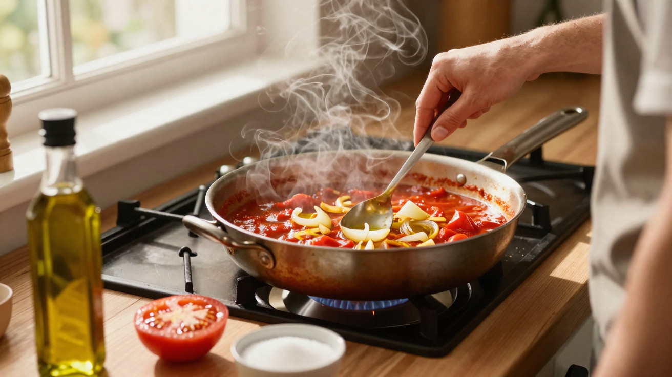 Pessoa a mexer uma frigideira com molho de tomate e massa a cozinhar num fogão a gás.