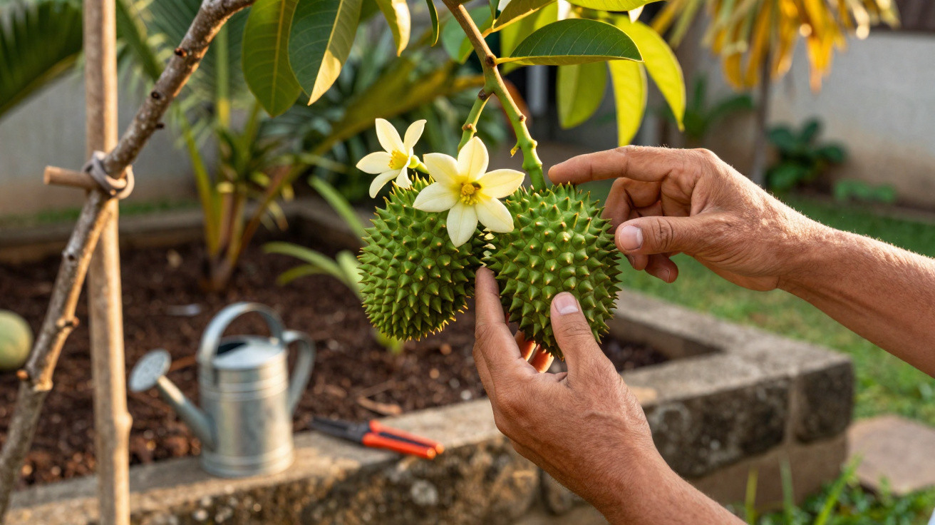 Mãos seguram frutos verdes espinhosos com flores brancas numa árvore num jardim com regador ao fundo.