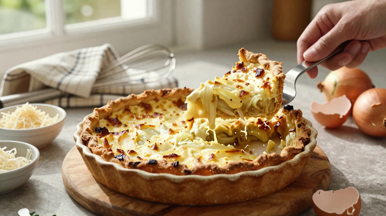 Tarte de queijo com cebola caramelizada sendo servida, com queijo derretido a escorrer.