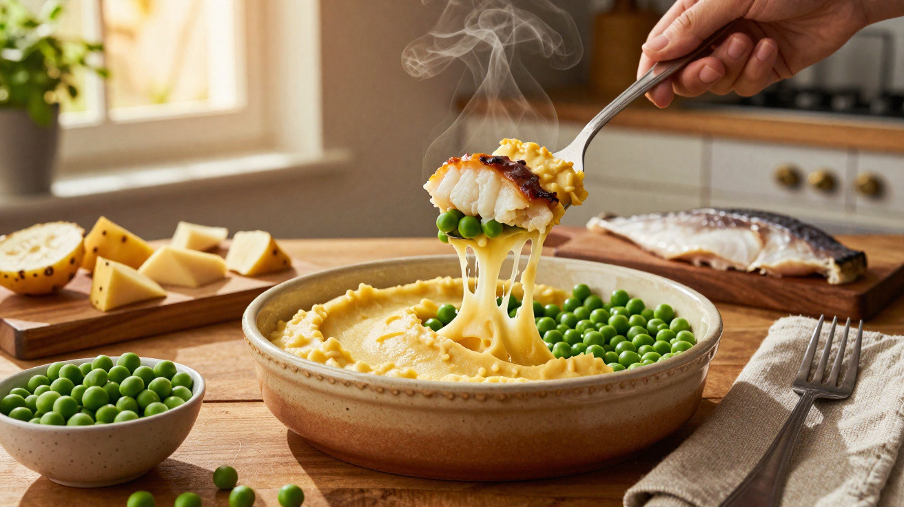 Sopa cremosa com ervilhas, pedaço de peixe com queijo derretido e vapor, em ambiente de cozinha iluminado.