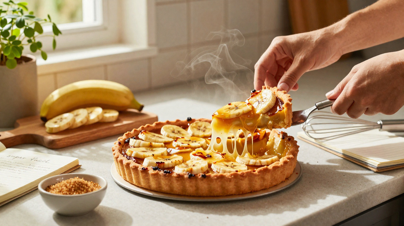 Pessoa a servir tarte quente de banana com caramelo numa cozinha iluminada pela luz natural.