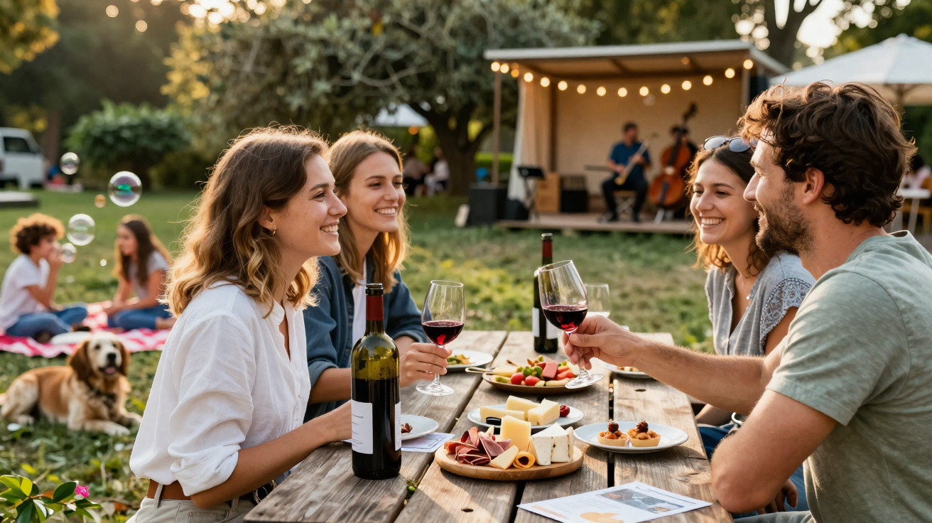 Grupo de amigos a brindar com vinho tinto numa mesa de madeira durante um piquenique ao ar livre.