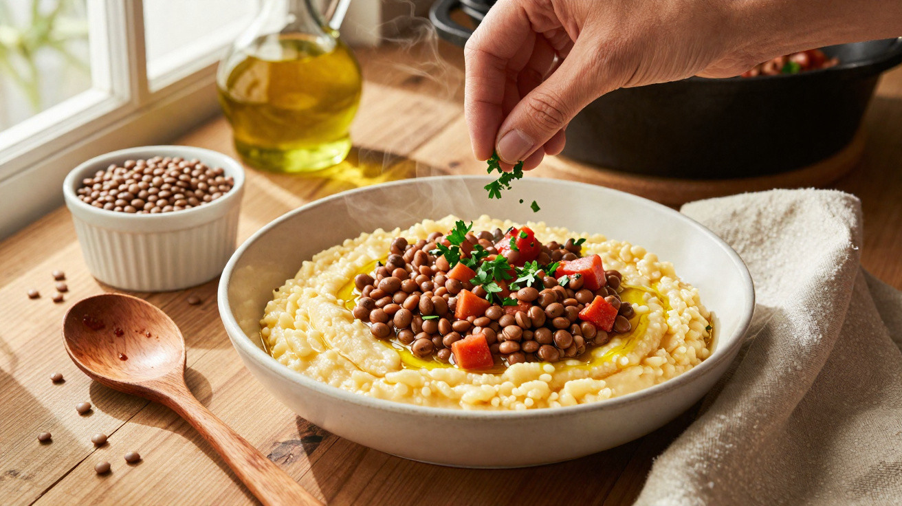 Pessoa a polvilhar salsa fresca por cima de prato com puré de batata, lentilhas e pedaços de chouriço.