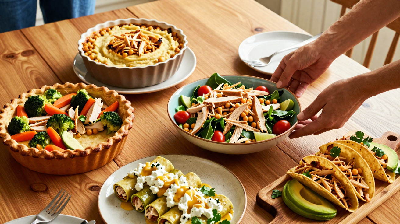 Mesa com pratos variados: torta de legumes, creme com frutos secos, salada, crepes e tacos com abacate.