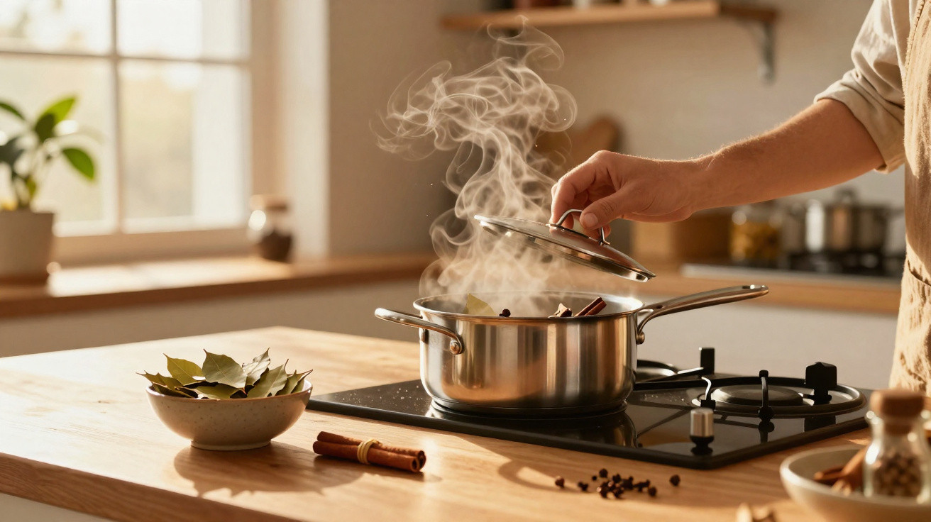Mão a levantar a tampa de uma panela com vapor numa cozinha iluminada e ingredientes à volta na bancada.