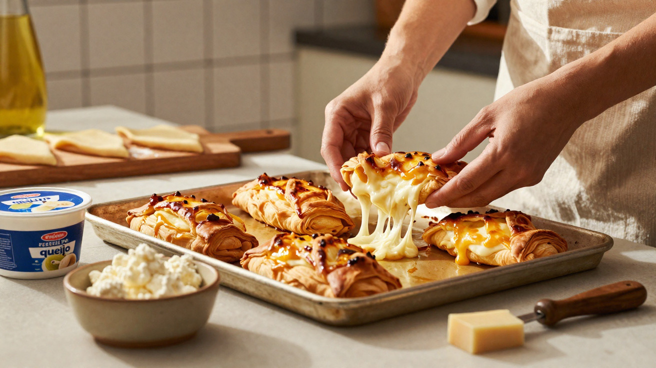 Pessoas a retirar folhados de queijo derretido numa forma metálica numa cozinha.