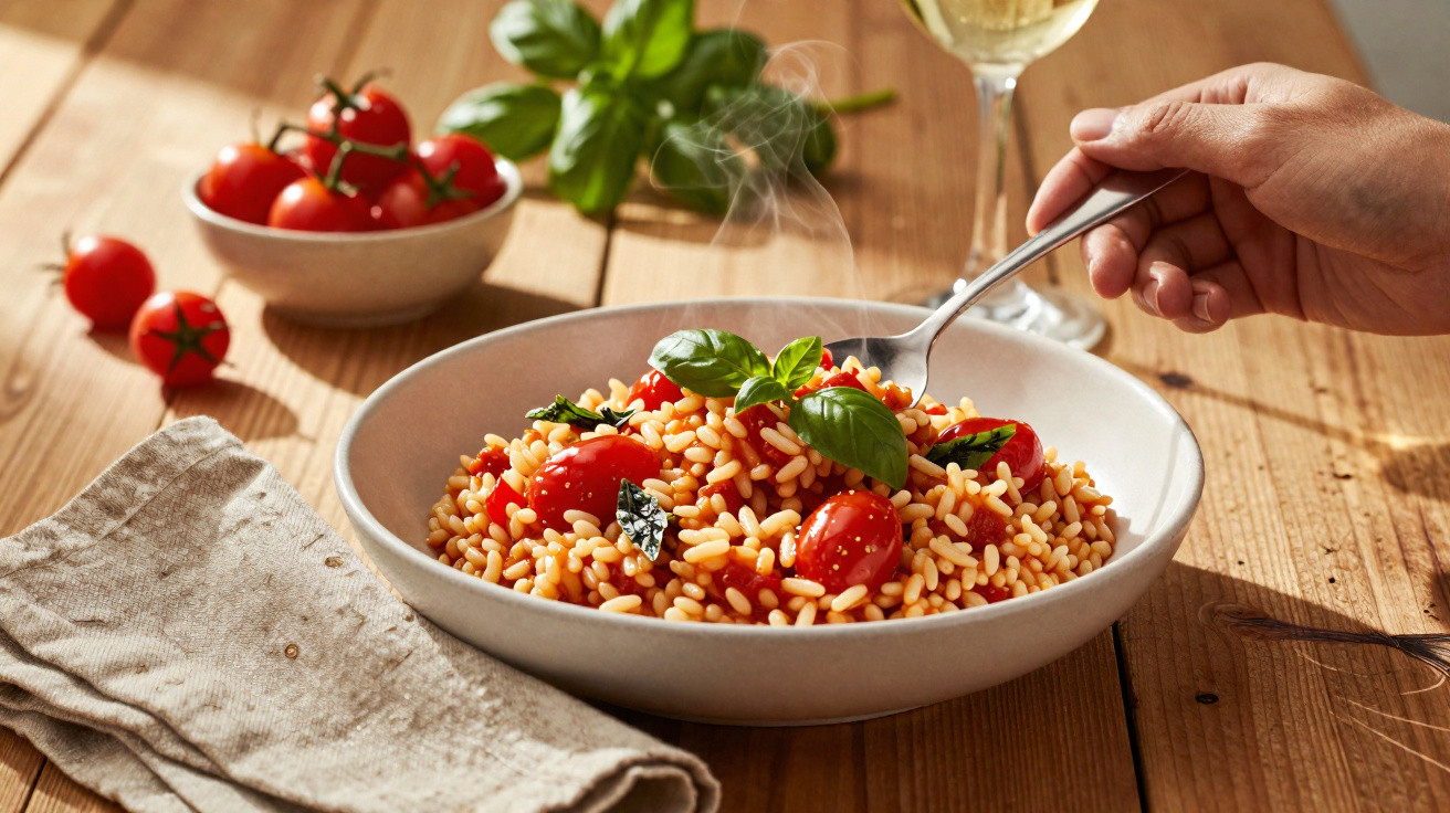 Prato de risoto fumegante com tomate cereja e manjericão, com mão segurando garfo ao lado.