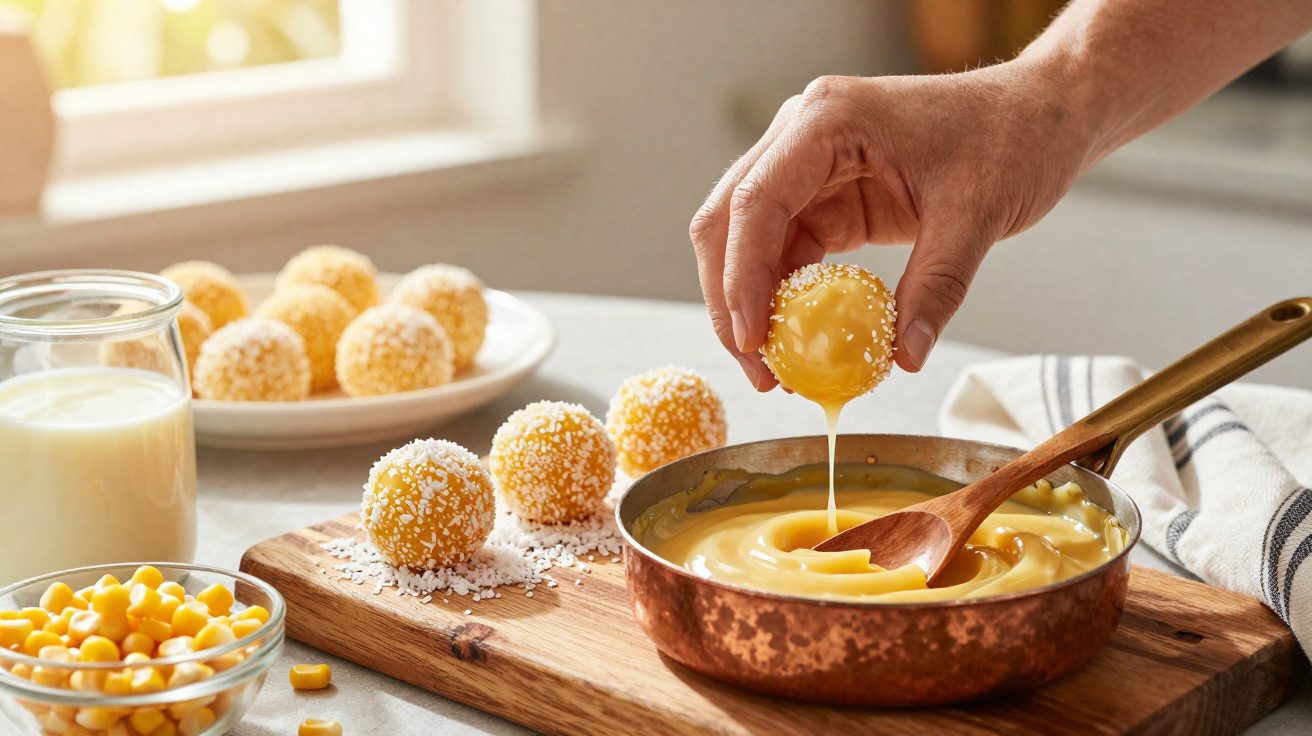 Mão a mergulhar brigadeiro de milho em calda cremosa com outros brigadeiros e ingredientes num balcão de cozinha.