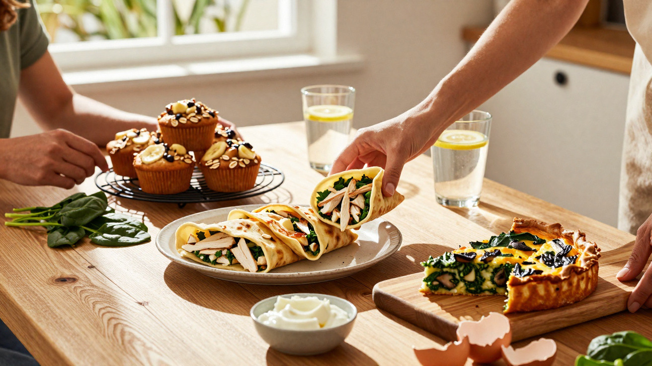 Mesa com wraps de frango e espinafres, tarte de legumes, muffins e copos de água com limão.