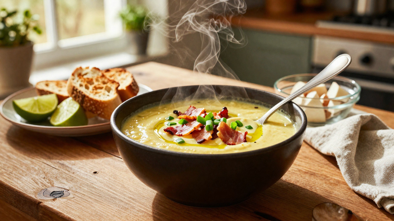 Tigela de sopa cremosa quente com pedaços de bacon e cebolinho, acompanhada de pão e limão.