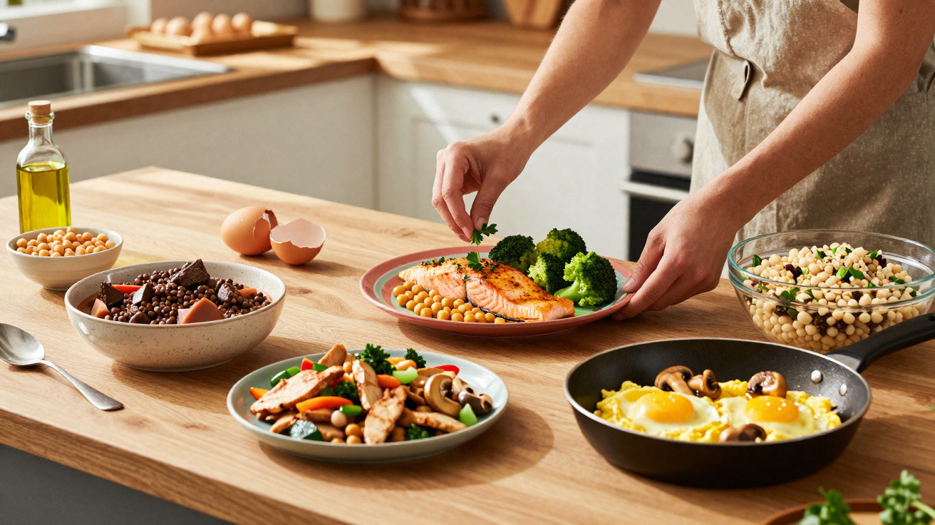 Pessoa a preparar pratos variados com salmão, legumes, ovos e leguminosas numa cozinha moderna.