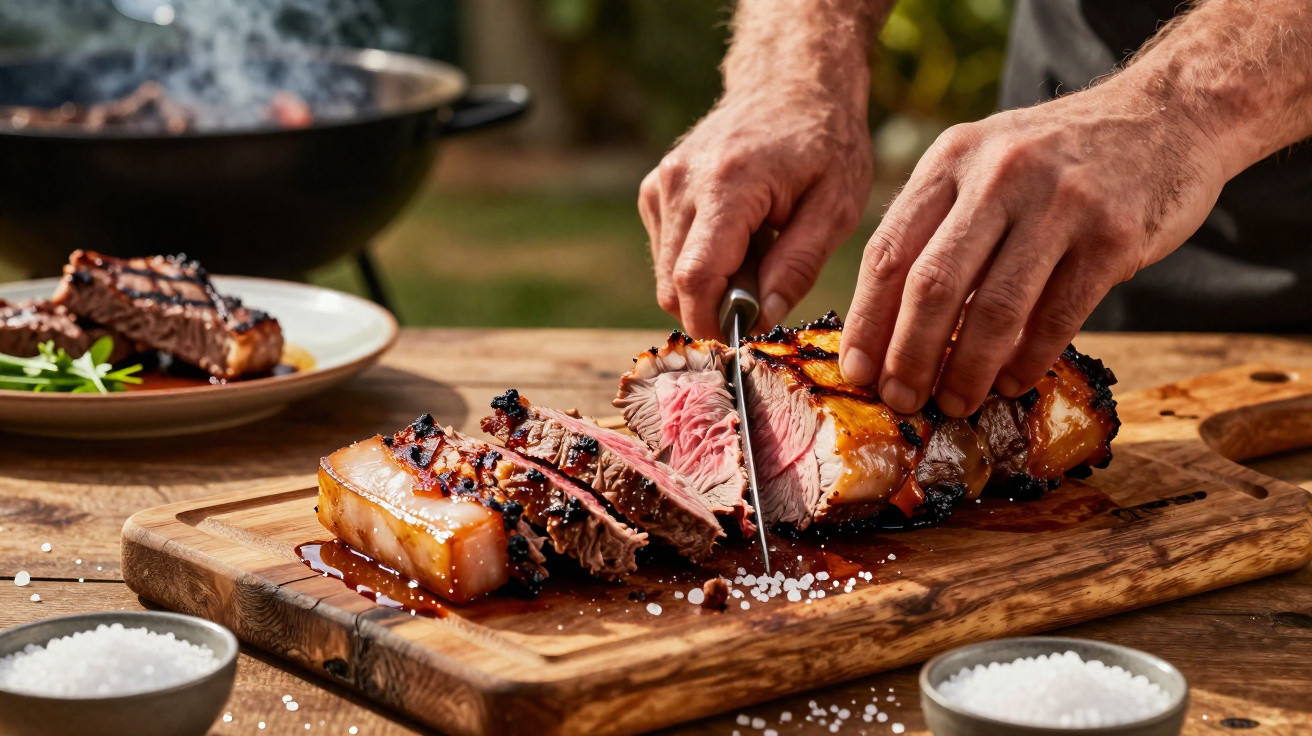 Mão a cortar uma peça suculenta de carne grelhada em tábuas de madeira com sal grosso à volta.