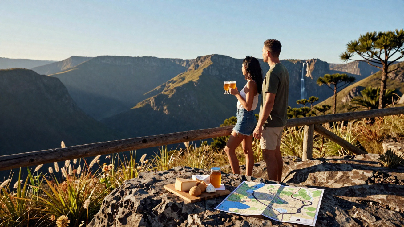 Casal com copos de cerveja a apreciar a vista de montanhas com cascata e mapa sobre rocha ao pôr do sol.