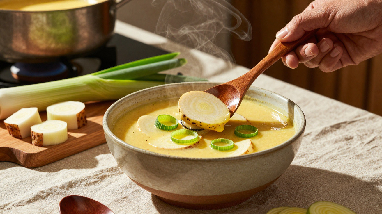 Sopa cremosa de alho-francês quente numa tigela com fatias e vapor, ladeada por alho-francês fresco cortado.
