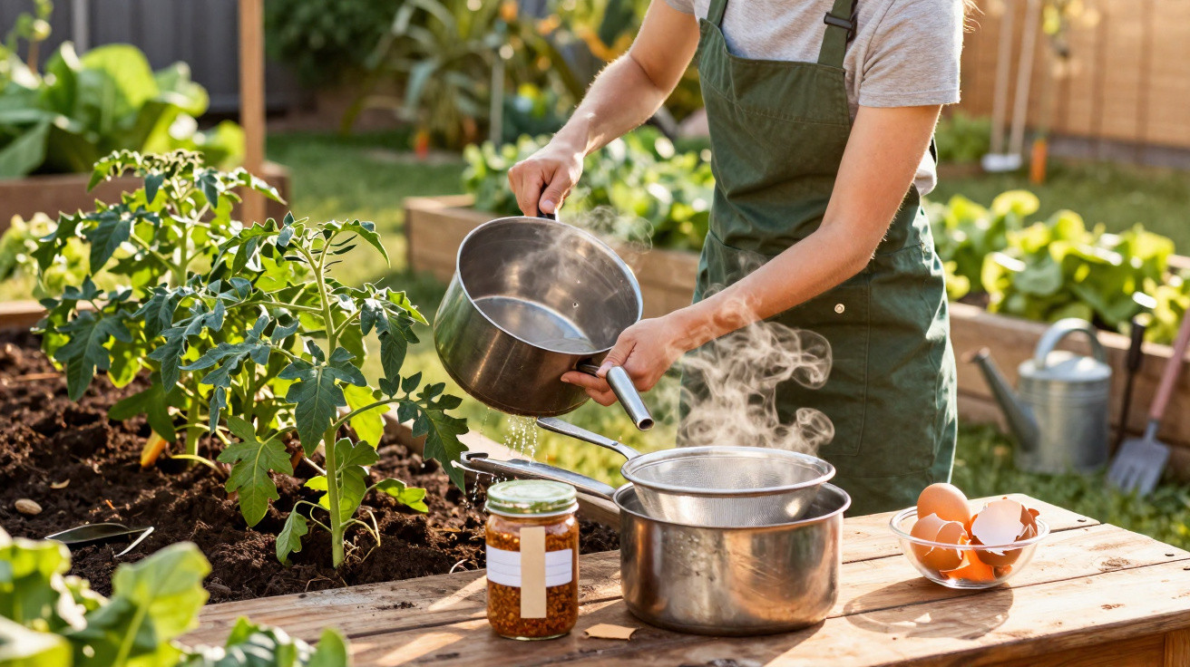 Pessoa a coar água quente num jardim com plantas e utensílios de cozinha numa mesa de madeira.