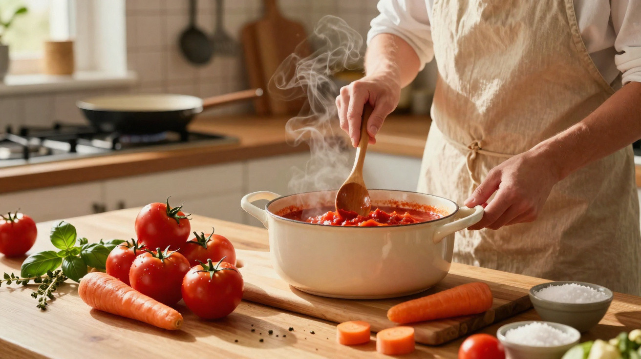Pessoa a mexer sopa de tomate fumegante numa panela branca com legumes frescos numa cozinha iluminada.