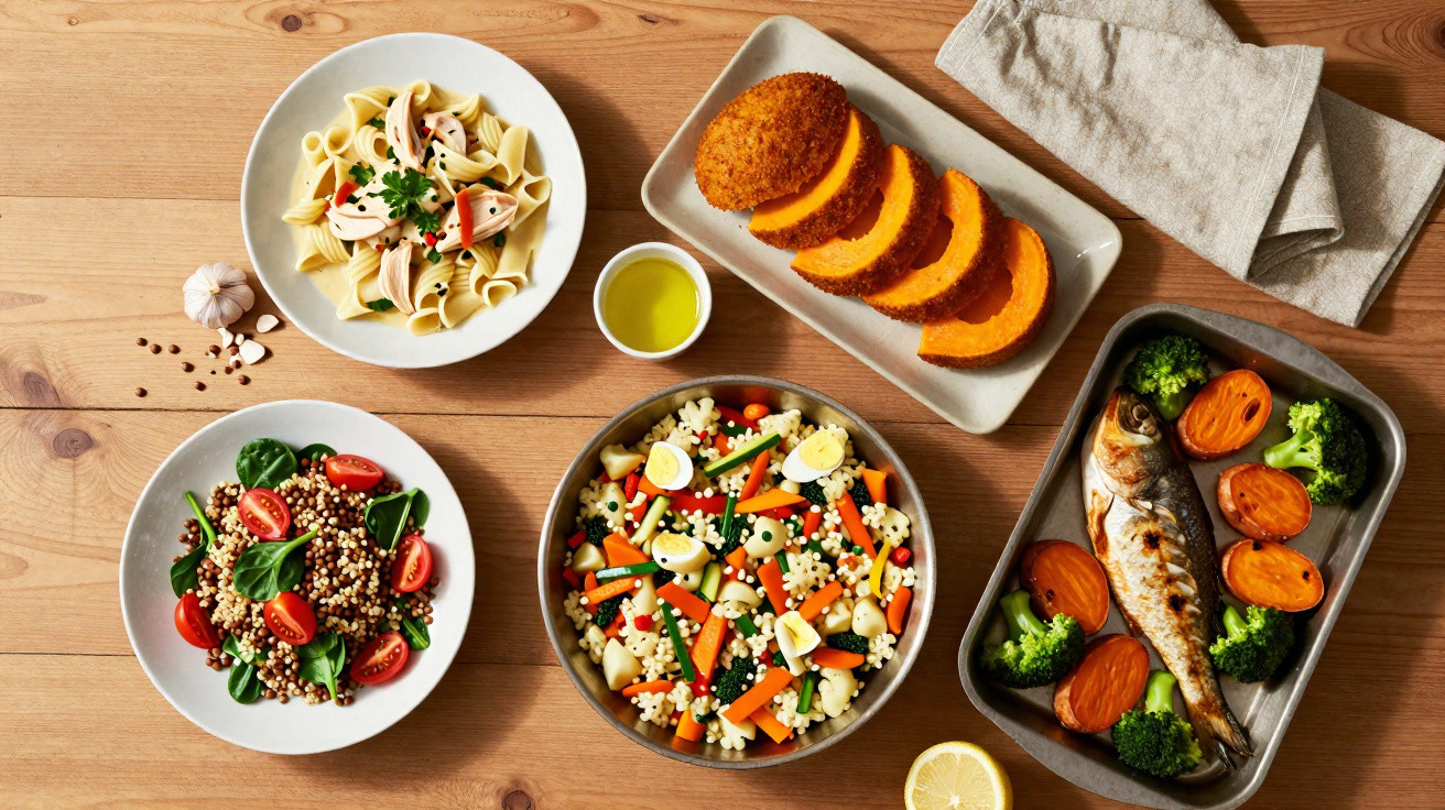 Mesa com pratos variados: massa, salada de quinoa com tomate, salada de vegetais com ovo, peixe grelhado com legumes e pão fa