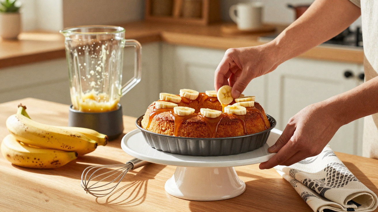 Mãos a decorar um bolo com fatias de banana e caramelo numa cozinha, com liquidificador e bananas ao lado.