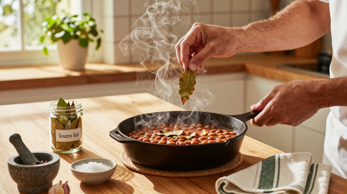 Mãos a adicionar folha de louro a feijão a cozinhar numa frigideira fumegante numa cozinha luminosa.