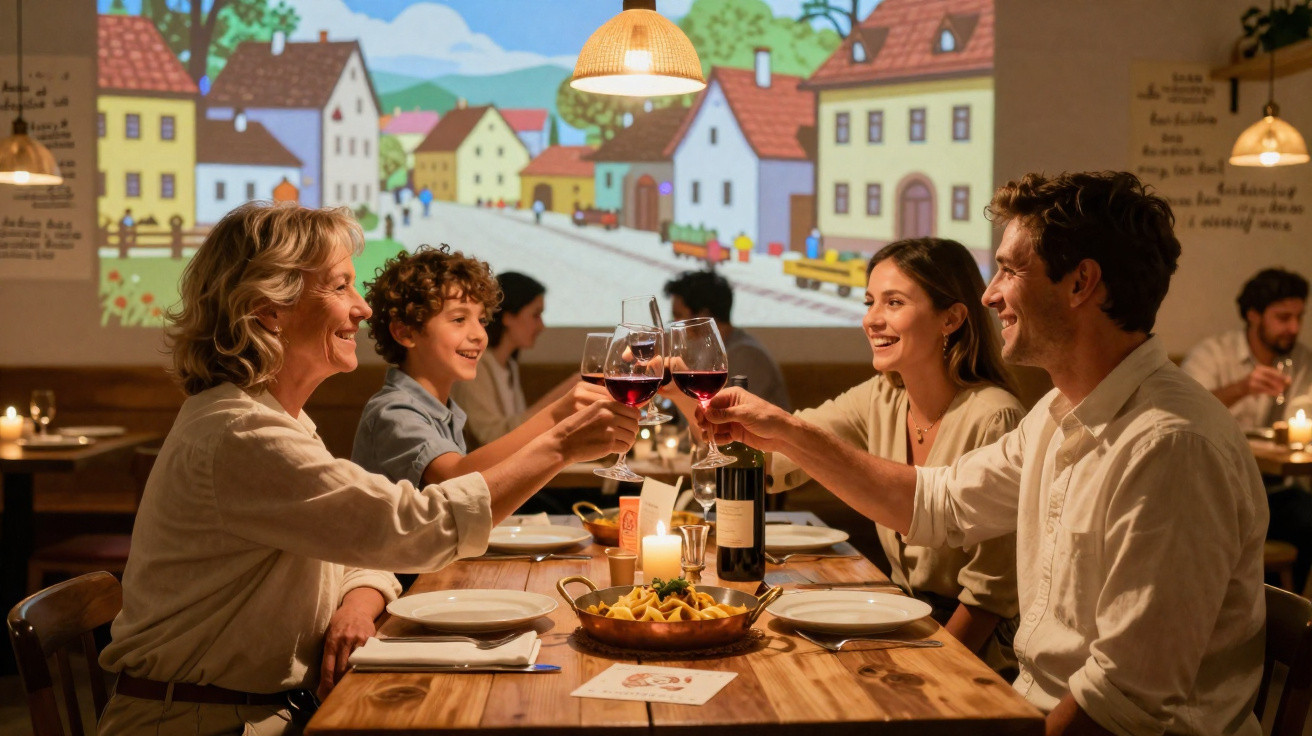 Família alegre a brindar com vinho tinto numa mesa de restaurante acolhedor e iluminado por candeeiros suspensos.