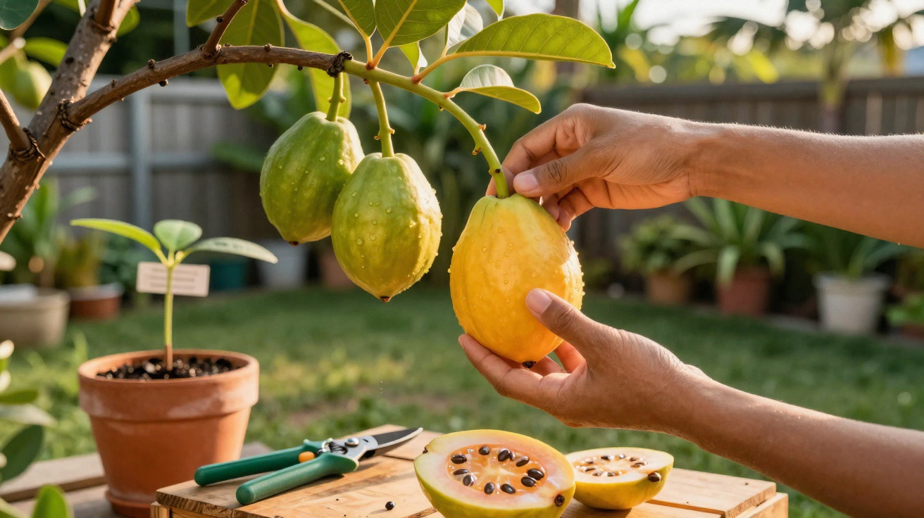 Mãos seguram maracujá amarelo numa árvore com frutos verdes, com um fruto partido e utensílios de jardinagem na mesa.