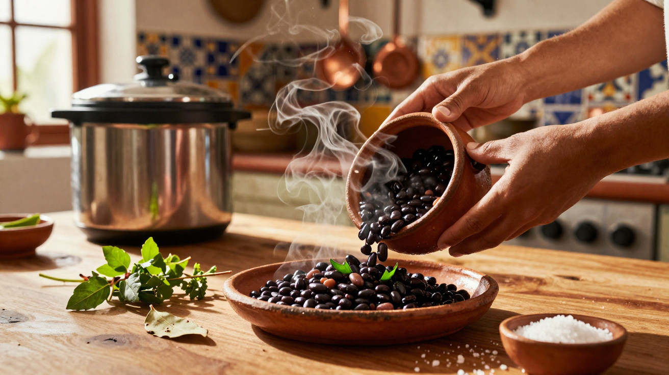 Mãos a colocar feijão preto quente numa travessa de barro numa cozinha rústica com panela e ervas frescas.