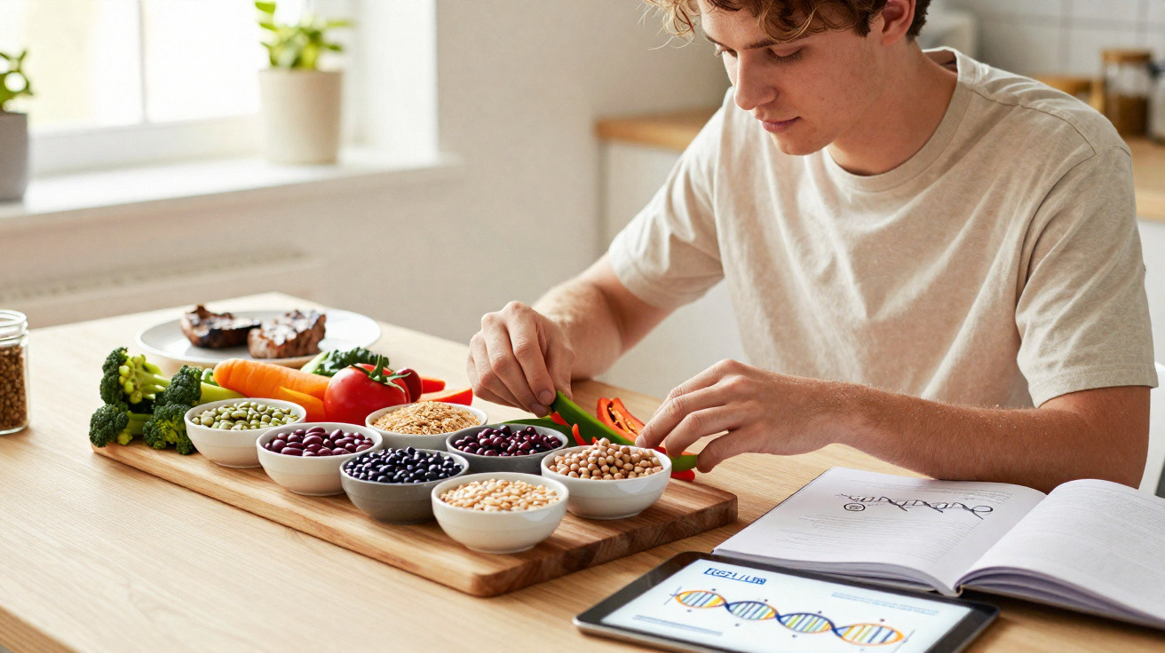 Jovem prepara legumes numa mesa com tigelas de leguminosas, legumes variados, livro aberto e tablet com gráfico de ADN.